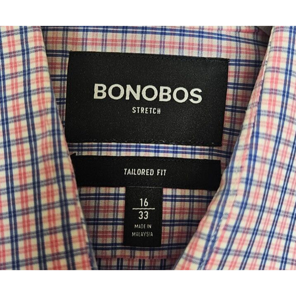 Bonobos Mens Button Down Shirt 16/33 Blue Pink Plaid Tailored Fit Stretch Casual - Picture 3 of 7